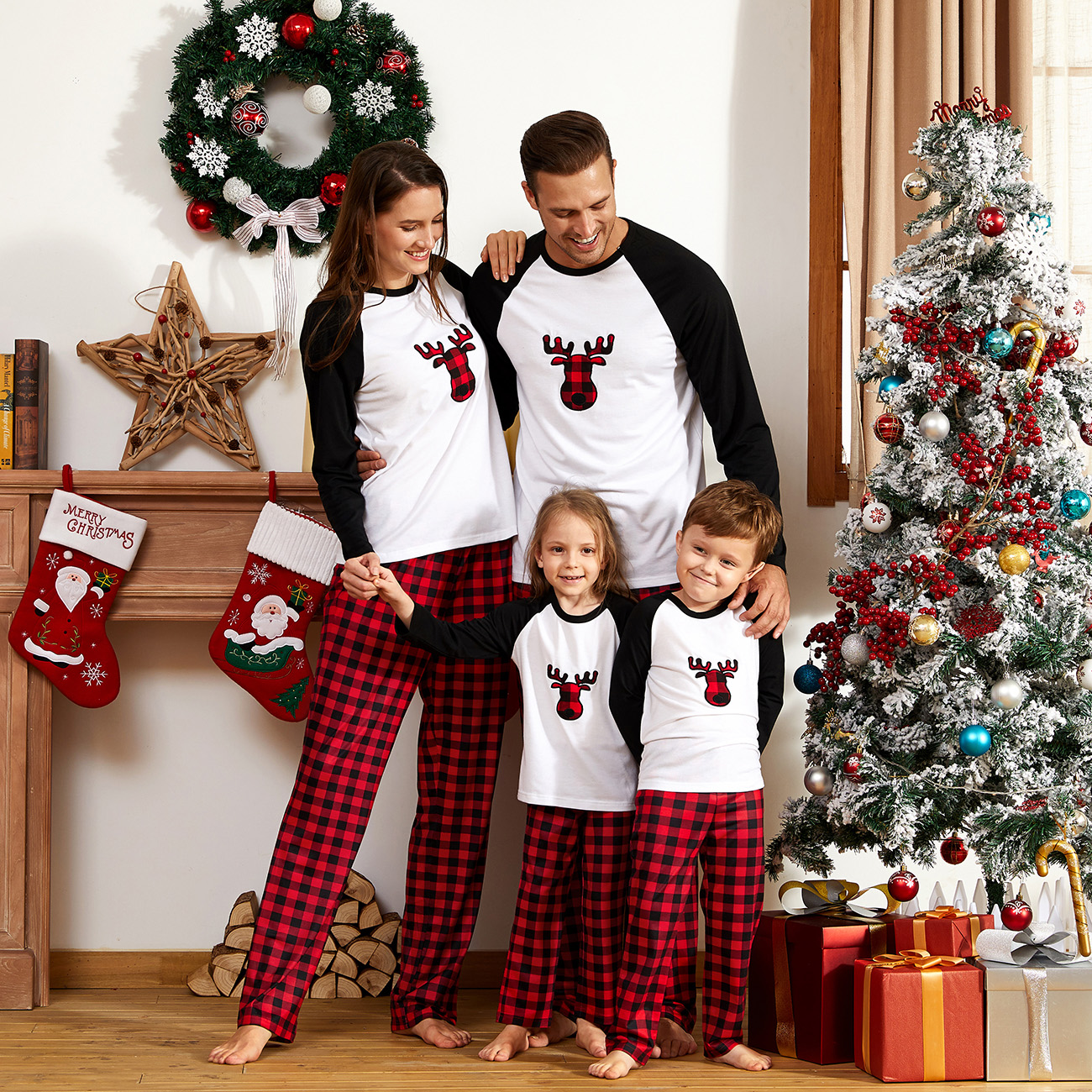 PatPat Black/White Mommy and Me Christmas Plaid Deer Family Matching Pajamas 2-piece,Unisex - image 1 of 12