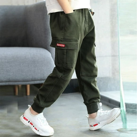 Boys Cargo Pants with Pocket Cotton Solid Sweatpants Size 5-10