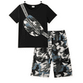 thumbnail image 1 of PatPat Boys Clothes Set 2pcs Kids Outfits Camouflage Bag Print Short Sleeve Tee and Shorts Set, Black, 4-5 Years, 1 of 8