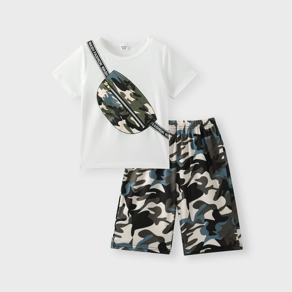 PatPat Boys Clothes Set 2pcs Kids Outfits Camouflage Bag Print Short Sleeve Tee and Shorts Set, White, 7-8 Years
