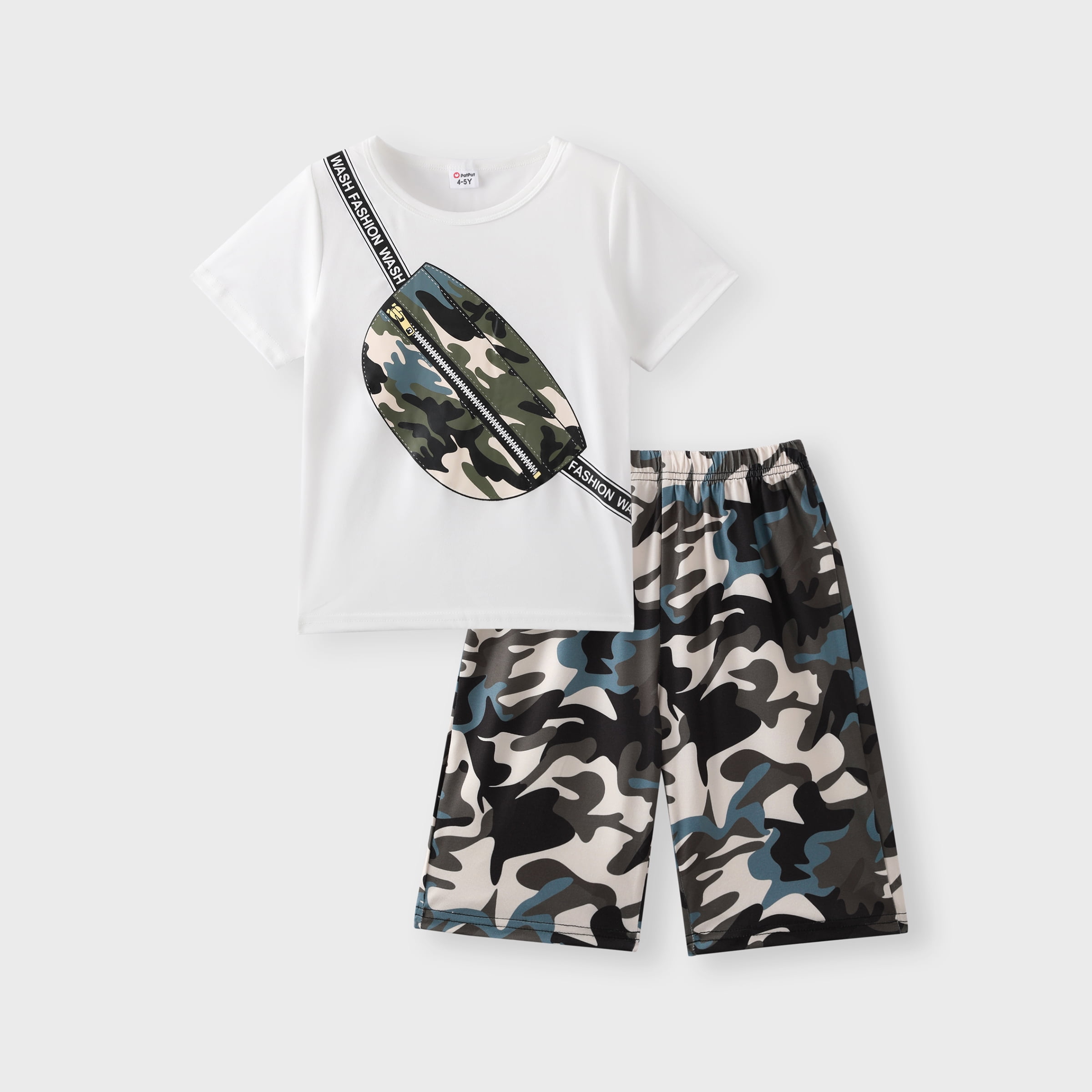 Boys Clothes Set 2pcs Kids Outfits Camouflage Bag Print Short Sleeve Tee and Shorts Set, White, 8-9 Years