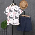 thumbnail image 1 of PatPat Boys Clothes Set Holiday Style Botanical Allover Print Shirts with Dark Blue Denim Shorts Sizes 5-12, 1 of 7