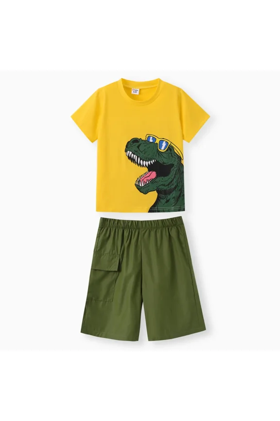 Boys Clothes Set Yellow Dinosaur Graphic Tee with Army Green Pocket Design Shorts Sizes 5-12