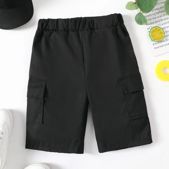 PatPat Boys Shorts Nylon Solid Color Pocket Design Classic Elasticized Shorts Sizes 4-12