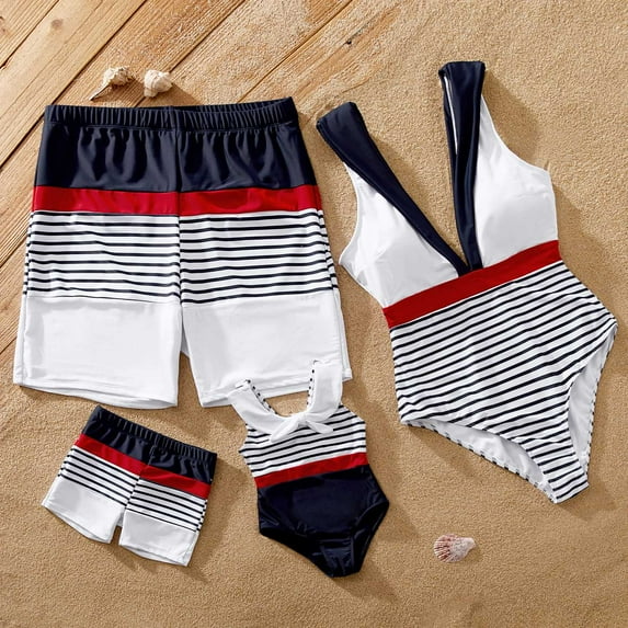 PatPat Boys Swim Trunks Family Matching Set Stripe Colorblock Spliced Board Shorts Mommy and Me Bathing Suits