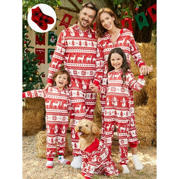 PatPat Christmas Pajamas Family Matching Onesies for Men Long Sleeve Hooded Zipper Bodysuits One Piece Holiday Pjs with Socks, Red Snowman, XXL