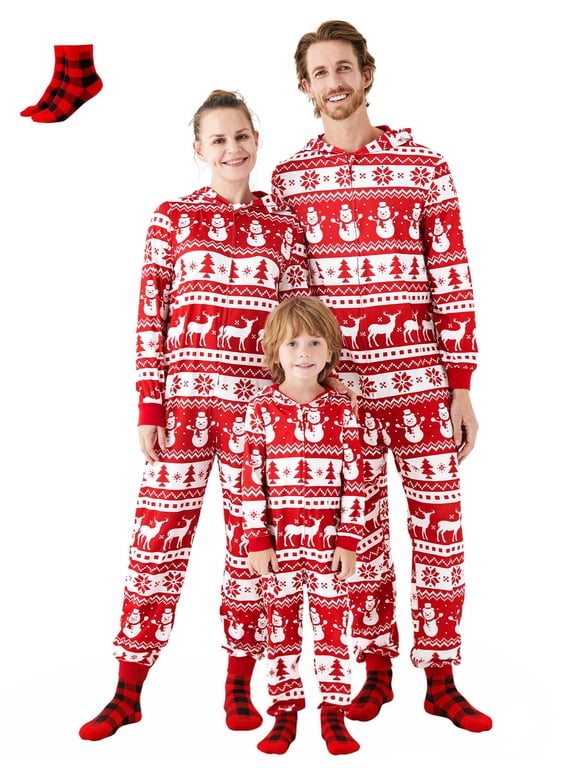 Christmas Pajamas Family Matching Onesies for Women Long Sleeve Hooded Zipper Bodysuits One Piece Holiday Pjs with Socks, Red Snowman, M