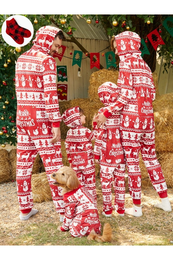 Christmas Pajamas Family Matching Onesies for Women Long Sleeve Hooded Zipper Bodysuits One Piece Holiday Pjs with Socks, Red Snowman, L