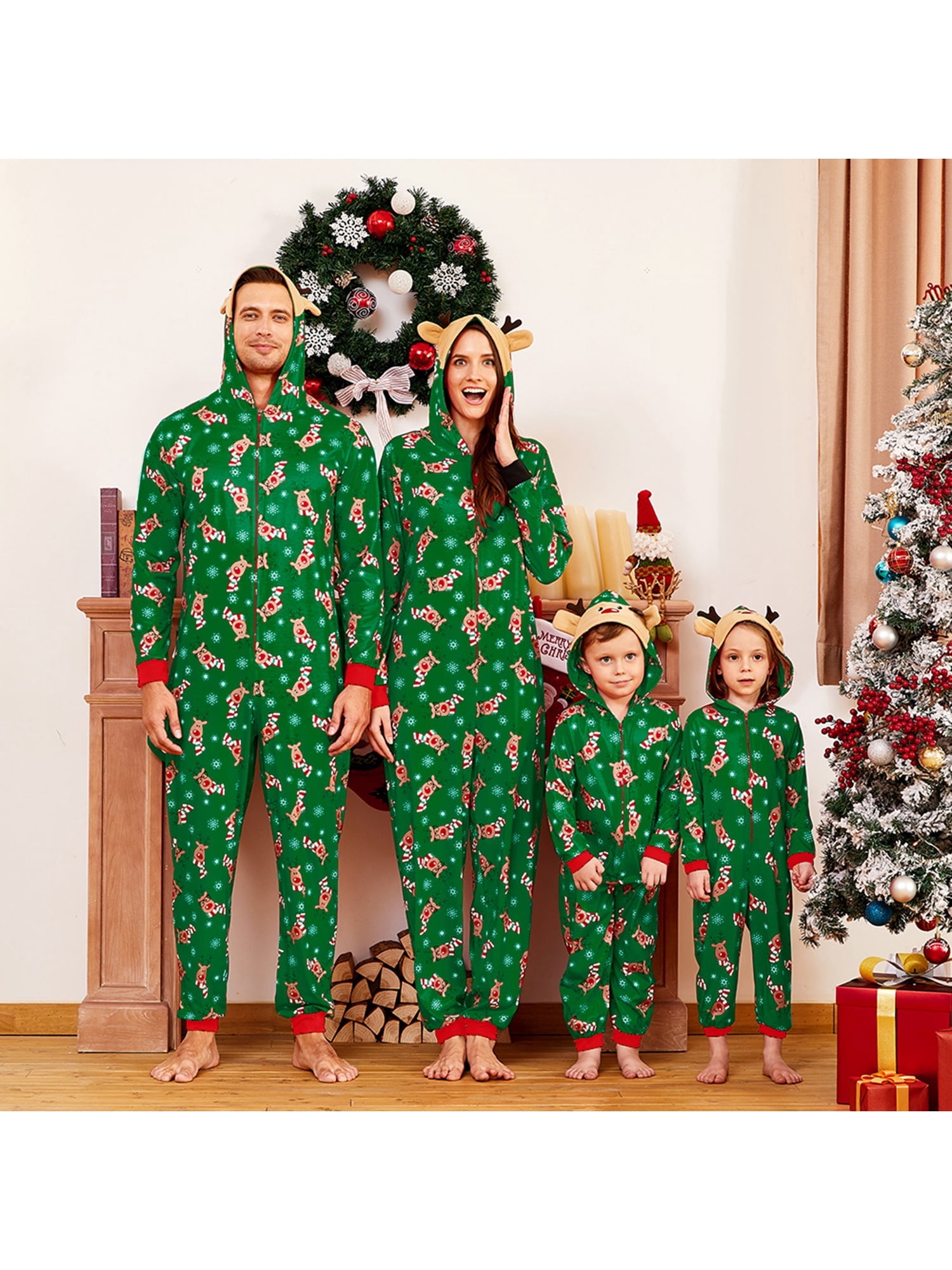 PatPat Christmas Family Matching Pajamas Green Reindeer PJs Hooded ...