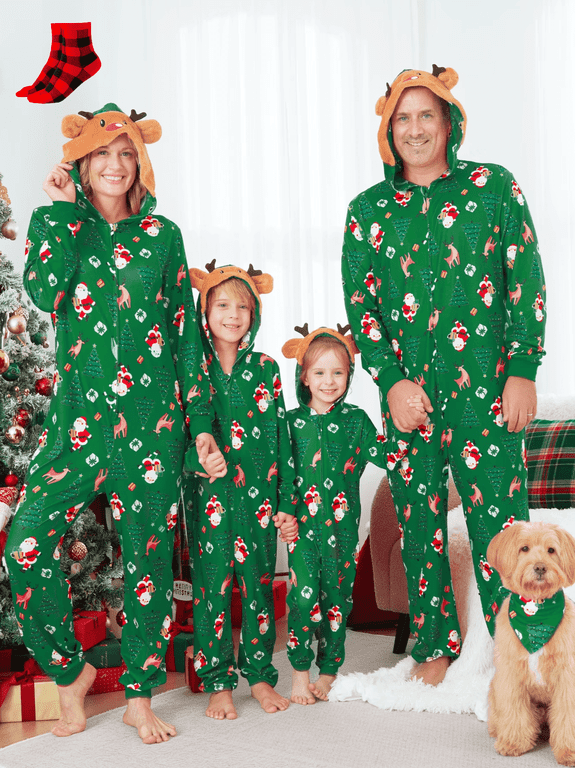 Christmas Family Matching Pajamas One Piece Zip Long Sleeve Reindeer Hooded Bodysuits PJs Holiday Gift for Kids Couple Dog Pajamas,Green