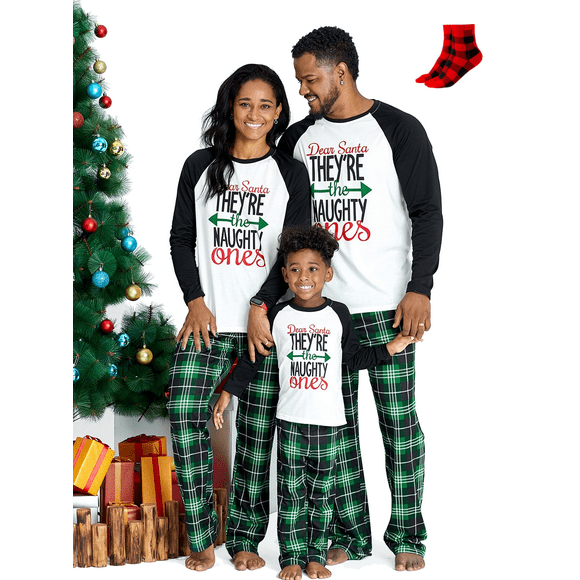 PatPat Family Christmas Pajamas Matching Pajamas for Couples 2 Piece Sets for Women Long Sleeve Top & Plaid Pajama Pants with Socks Holiday Loungewear PJs for Baby Kids Adult,Women M
