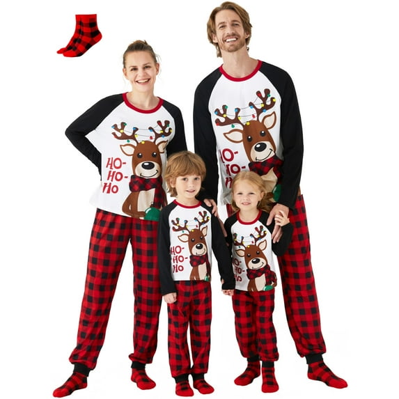 PatPat Baby Christmas Pajamas Family Matching Bodysuit One Piece Reindeer Holiday PJs Flame-Resistant Sleeper with Socks Baby 12-18 Months