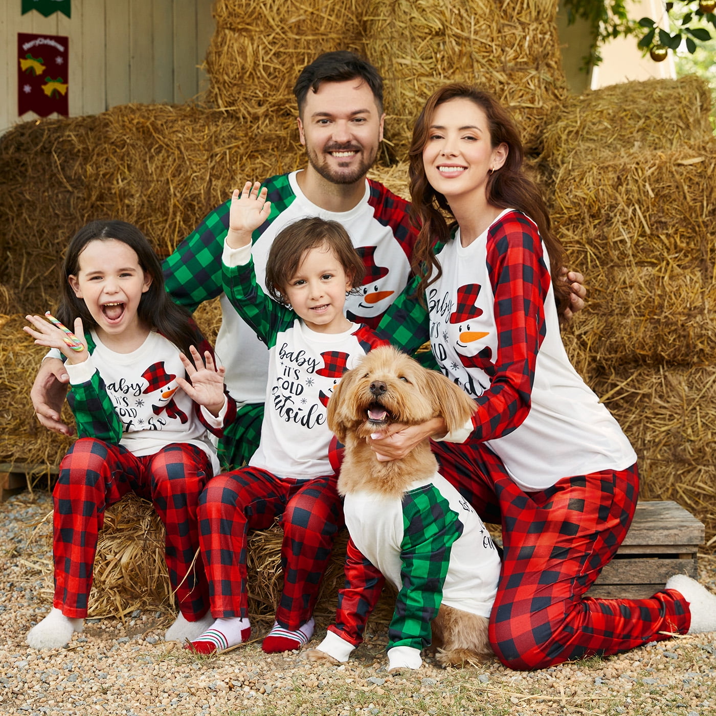 PatPat Christmas Family Matching Snowman & Letter Print Green and Red Plaid  Raglan-sleeve Pajamas Sets 