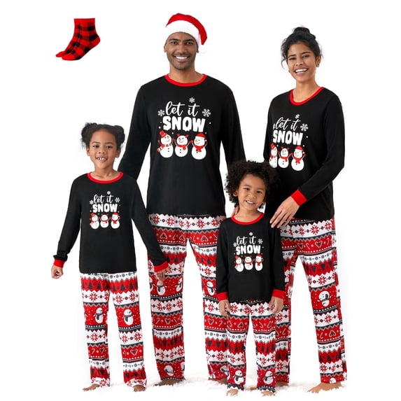 PatPat Girls Boys Christmas Pajamas Family Matching Pajamas 2 Piece Set Snowman Top and Pants Set Holiday Pjs Gift with Sock Kid 4-5 Years