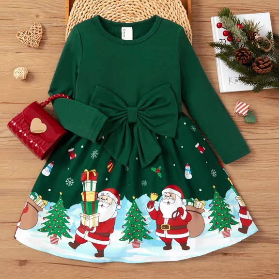 PatPat Christmas Girl Dresses Toddler Girl Clothes Festive Holiday Long Sleeve Santa Print Green Party Dress with Bow, Green, 3T