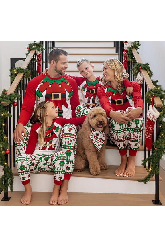 Christmas Matching Family Pajamas Set Christmas Elf Print PJS with Christmas Socks, Red, L(Pet)