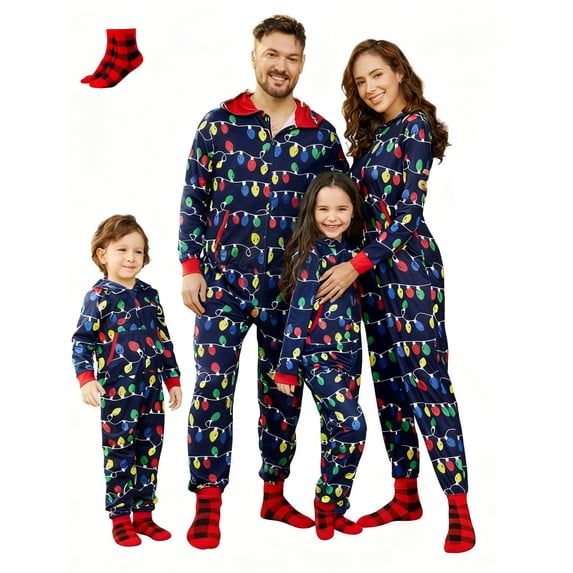 PatPat Christmas Pajamas Men Family Matching Onesies for Adults Allover Colorful String Lights One Piece Holiday Pjs Gifts with Christmas Socks, Dark Blue, L