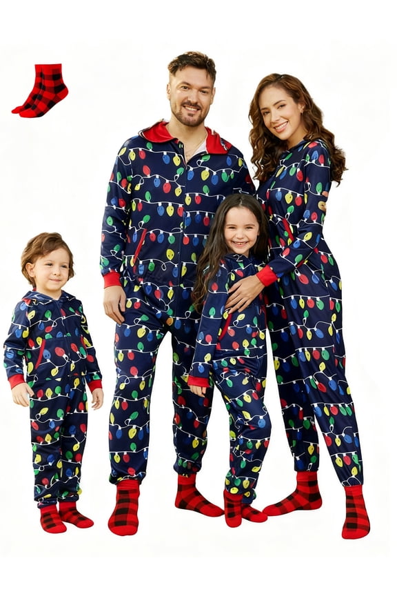 Christmas Pajamas for Women One Piece Family Matching Onesies Allover Colorful String Lights Holiday Pjs Gifts with Christmas Socks, Dark Blue, L