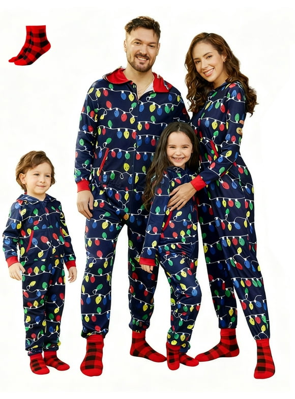 Christmas Pajamas for Women One Piece Family Matching Onesies Allover Colorful String Lights Holiday Pjs Gifts with Christmas Socks, Dark Blue, M