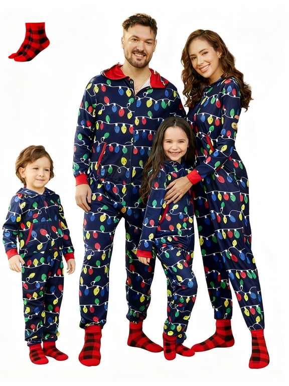 Christmas Pajamas for Women One Piece Family Matching Onesies Allover Colorful String Lights Holiday Pjs Gifts with Christmas Socks, Dark Blue, M