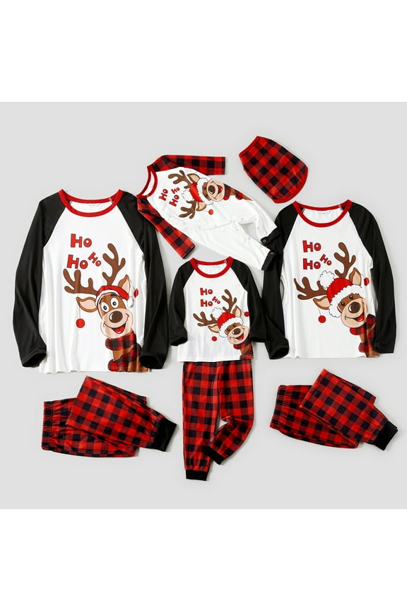 Christmas Pajamas Family Christmas Pajamas for Women Men Kids, Reindeer and Red Plaid Print Long-sleeve Family Matching Set (Flame Resistant)