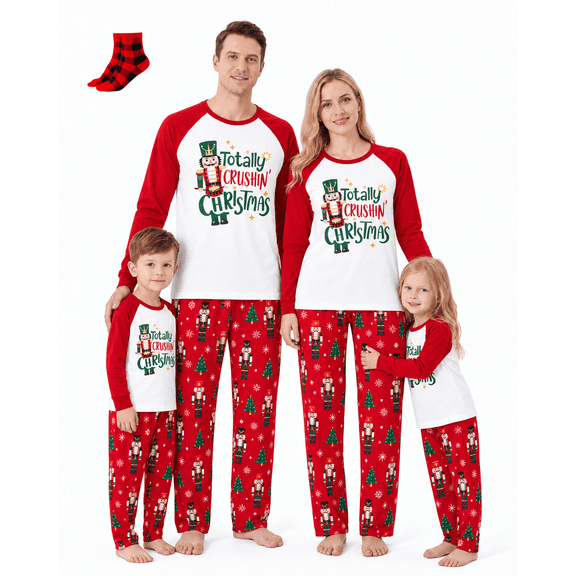 PatPat Christmas Pajamas Family Matching 2 Piece Long Sleeve Top & Pants Couple Pjs Sets Nutcracker Totally Crushin' Christmas Letter Print Women Sleepwear with Socks, Red, M