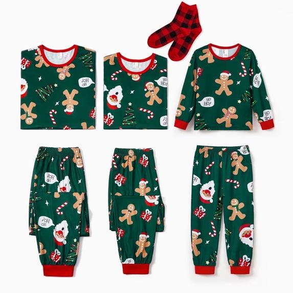 PatPat Christmas Pajamas Family Matching Allover Gingerbread Print Sleepwear Flame Resistant Long Sleeve Shirt & Pants & Socks Pjs Sets, Dark Green, Pet L