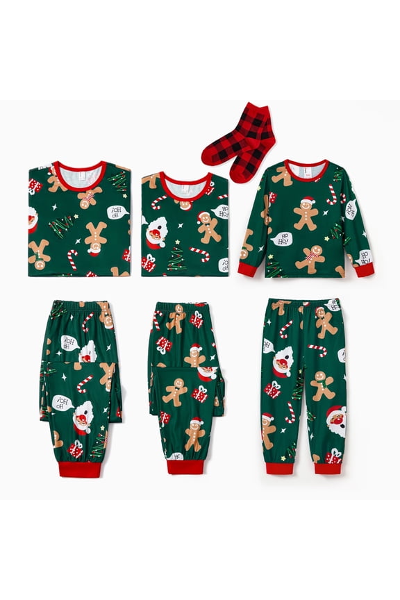 Christmas Pajamas Family Matching Allover Gingerbread Print Sleepwear With Socks Long Sleeve Shirt & Pants Pjs Sets, Dark Green, Women M