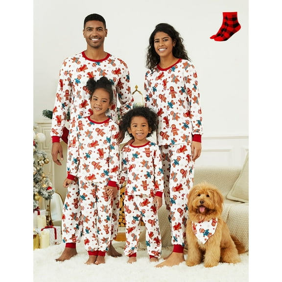 PatPat Men’s Pajama Pants Sleep Set Christmas Pajamas Family Matching Long Sleeve Gingerbread Man White Pjs with Socks, 2-Piece, Size L