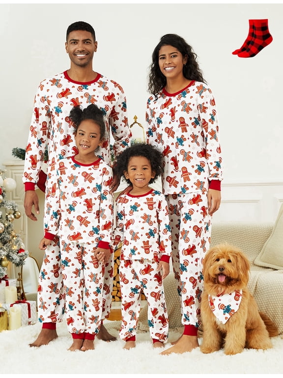 Womens Pajamas Sets Christmas Family Matching Pjs Gingerbread Man Long Sleeve Top and Pant White Loungewear with Socks, 2-Piece, Size M