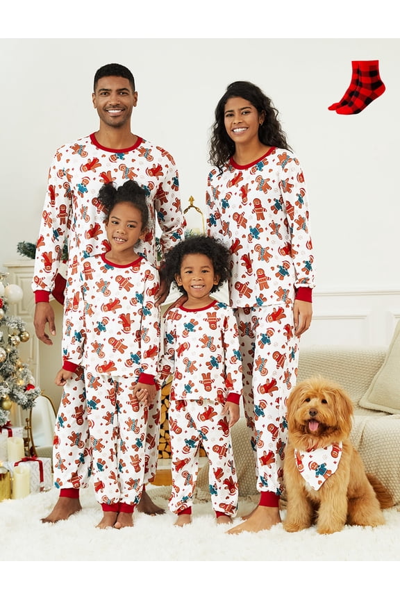 Womens Pajamas Sets Christmas Family Matching Pjs Gingerbread Man Long Sleeve Top and Pant White Loungewear with Socks, 2-Piece, Size XL