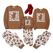 PatPat Christmas Pajamas Family Matching Cute Flowing Gingerbread Man Pattern 2 Piece Tops and Pj Pants Set with Christmas Socks for Holiday Gifts, Khaki, Women L