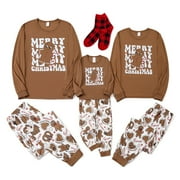 PATPAT Christmas Pajamas Family Matching Cute Flowing Gingerbread Man Pattern 2 Piece Tops and Pj Pants Set with Christmas Socks for Holiday Gifts, Khaki, Women M