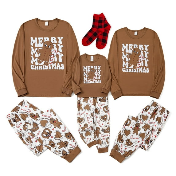 PatPat Christmas Pajamas Family Matching Cute Flowing Gingerbread Man Pattern 2 Piece Tops and Pj Pants Set with Christmas Socks for Holiday Gifts, Khaki, Women XL