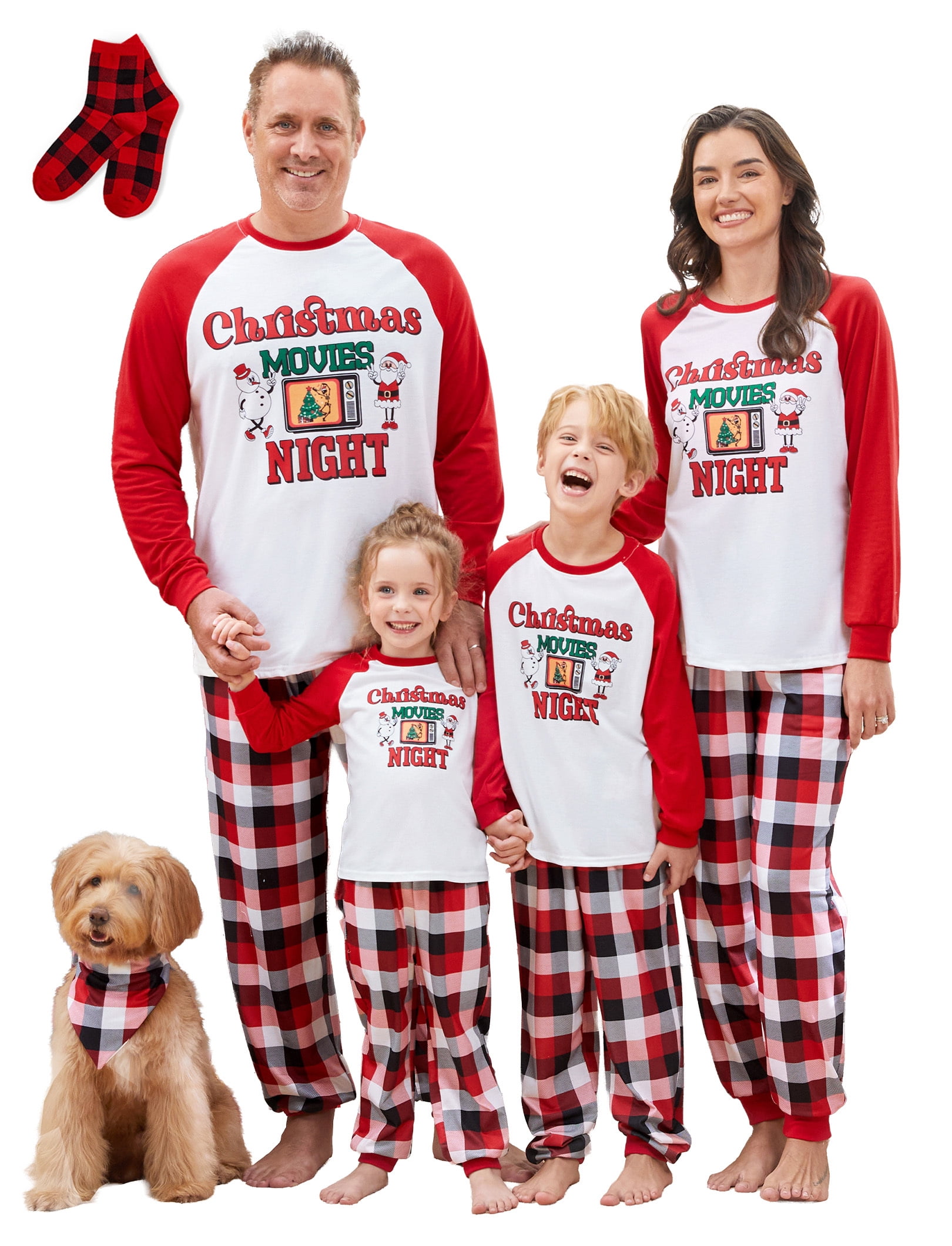 PatPat Mens Pajama Pants Sleep Set Christmas Family Matching Pjs Red Plaid Pant Long Sleeves Santa and Snowman Tops Sleepwear with Socks, 2-Piece, Size XL