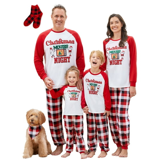PatPat Mens Pajama Pants Sleep Set Christmas Family Matching Pjs Red Plaid Pant Long Sleeves Santa and Snowman Tops Sleepwear with Socks, 2-Piece, Size XL