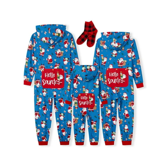 PatPat Christmas Pajamas Family Matching One Piece Couple Holiday Pjs for Women Hooded Zipper Onesies Cute Santa Claus Gifts Allover Print Sleepwear with Hat & Socks, Blue, M