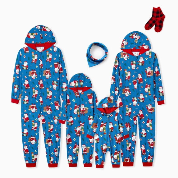 PatPat Christmas Pajamas Family Matching One Piece Couple Holiday Pjs for Women Hooded Zipper Onesies Cute Santa Claus Gifts Allover Print Sleepwear with Hat & Socks, Blue, M