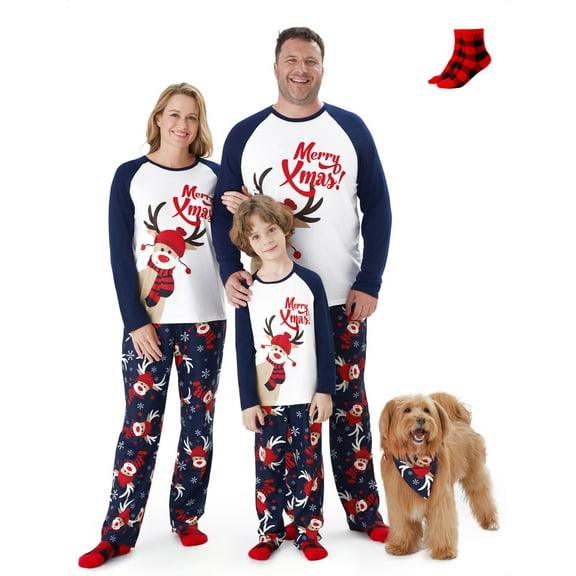 PatPat Kids Christmas Pajamas Family Matching Pjs Sets Blue Childlike Long Sleeve Top and Pant with Socks, 2-Piece, Size 2Y