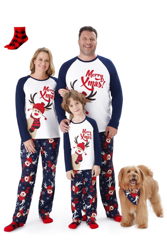 Kids Christmas Pajamas Family Matching Pjs Sets Blue Childlike Long Sleeve Top and Pant with Socks, 2-Piece, Size 8-9Y
