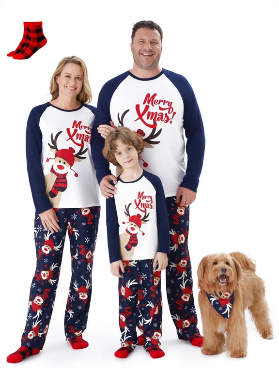 Christmas Pajamas Family Matching Pajamas Sets Letter Print Childlike Long Sleeve Pjs, Dark blue, Pet