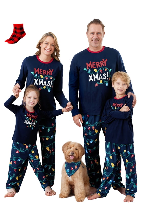 PatPa Mens Christmas Pajamas Set Family Matching Pjs Long Sleeve Tops and Holiday Christmas Lights Blue Pants with Socks, 2-Piece, Size L