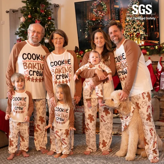 PatPat Christmas Pajamas Baby Girl Clothes Family Matching 2 Piece Long Sleeve Sleepwear Cute Gingerbread Man Pattern Pjs Sets with Socks, Khaki, 3-6 Months