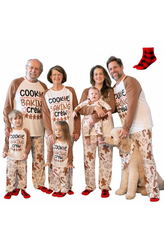 Christmas Pajamas 2 Piece Women Pjs Sets Family Matching Cute Gingerbread Man Prints Long Sleeve Top & Pants Sleepwear with Holiday Socks, Khaki, M