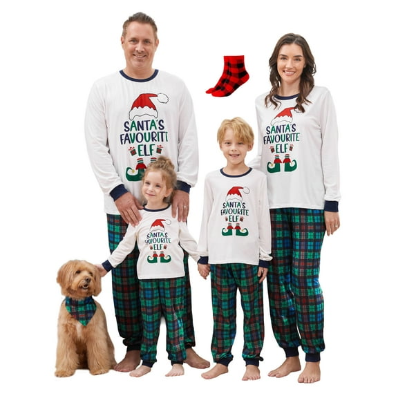 PatPat Christmas Pajamas Family Matching 2 Piece Long Sleeve Sleepwear for Kids Girls Boys Holiday PJs Sets with Socks, Beige/Green, 4-5 Years