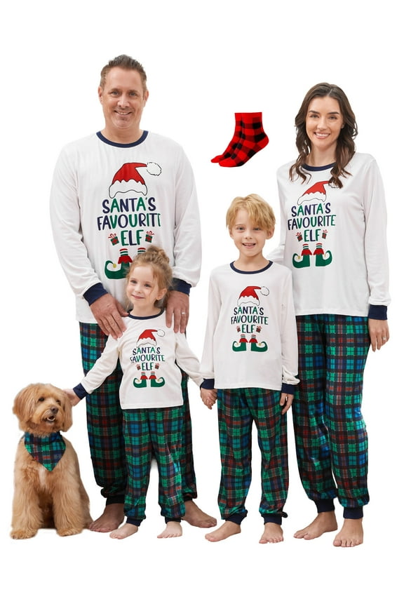Christmas Pajamas Family Matching 2 Piece Long Sleeve Sleepwear for Kids Girls Boys Holiday PJs Sets with Socks, Beige/Green, 9-10 Years