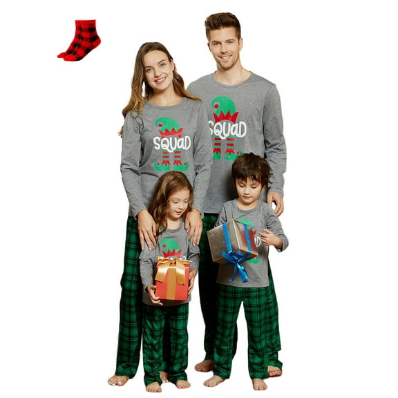 PatPat Kids Family Christmas Pajamas Matching Sets Long Sleeve Top and Green Plaid Pant Gifts Flame Retardant with Socks, 2-Piece, Size 6-7Y
