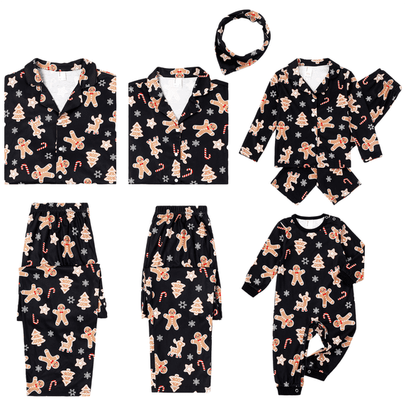 PatPat Christmas Pajamas Family Matching Women Cardigan Long Sleeve Button Down 2 Piece Top & Pants PJs Set Gingerbread Holiday Sleepwear with Socks, Black, M