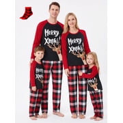 PatPat Christmas Pajamas Family Matching 2 Piece Pjs Sets Letter & Deer Print Long Sleeve Top & Plaid Pants for Kids Girl Boys Holiday Sleepwear with Socks, Black/Red, 3-4 Years