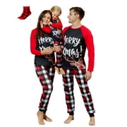 PATPAT Christmas Pajamas Family Matching 2 Piece Couple Pjs Sets Letter & Deer Print Long Sleeve Top & Plaid Pants for Women Holiday Sleepwear with Socks, Black/Red, M